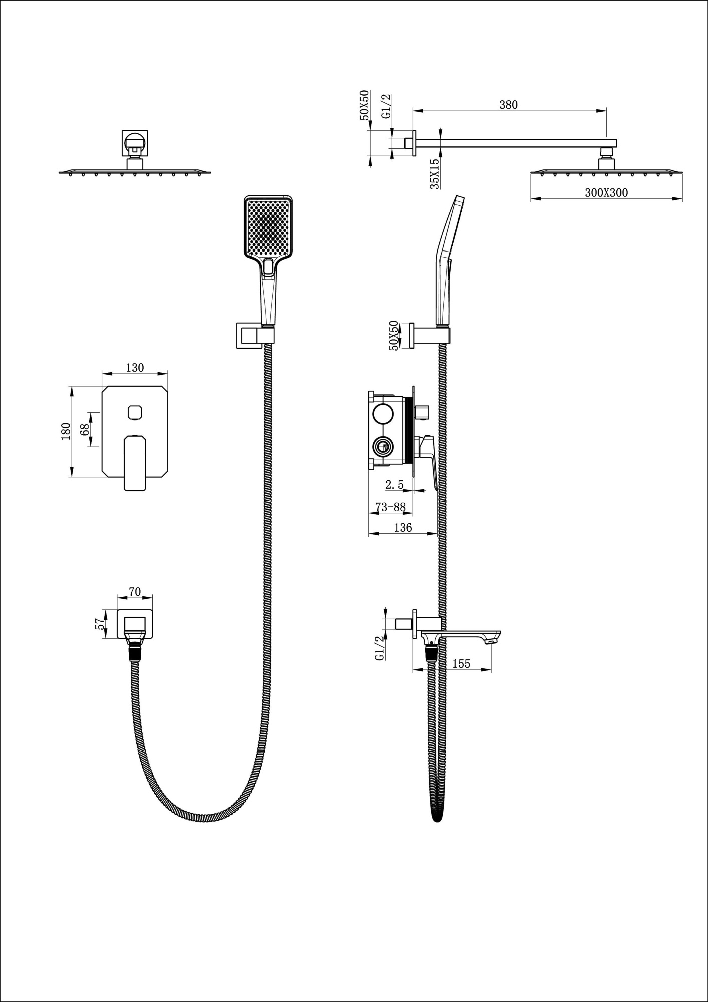 Душевая система встраиваемая wonzon & woghand diamond, темный графит (ww-88939011-bgm)