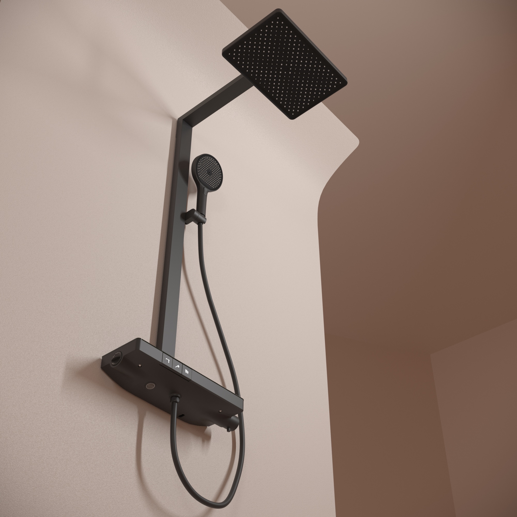 Душевая стойка sancos vos с термостатическим смесителем, изливом, полкой, шлангом 1,5 м, верхним и ручным душем, цвет черный матовый, арт. sc6100mb