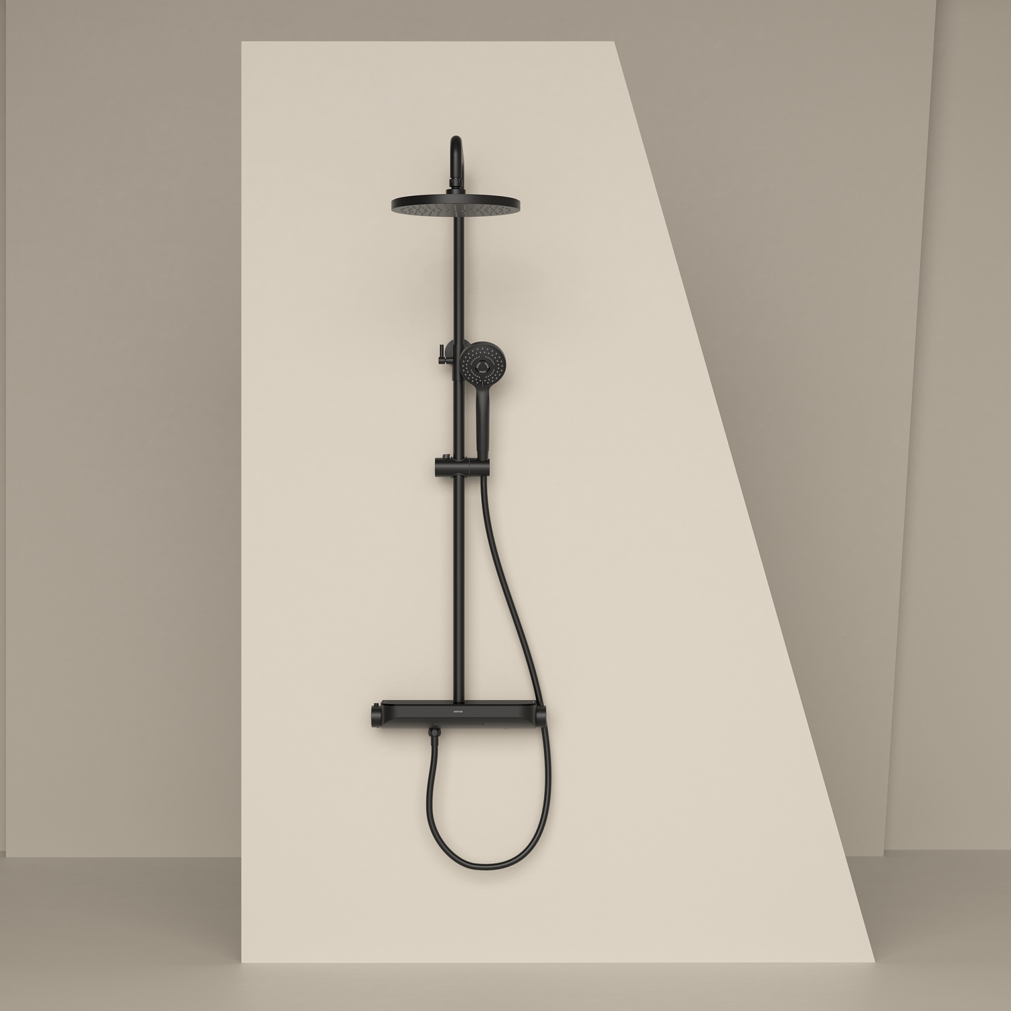 Душевая стойка Sancos Teo c термостатом, встроенным изливом, полкой и с регулировкой по высоте штанги, цвет черный матовый, арт. SC11002MB