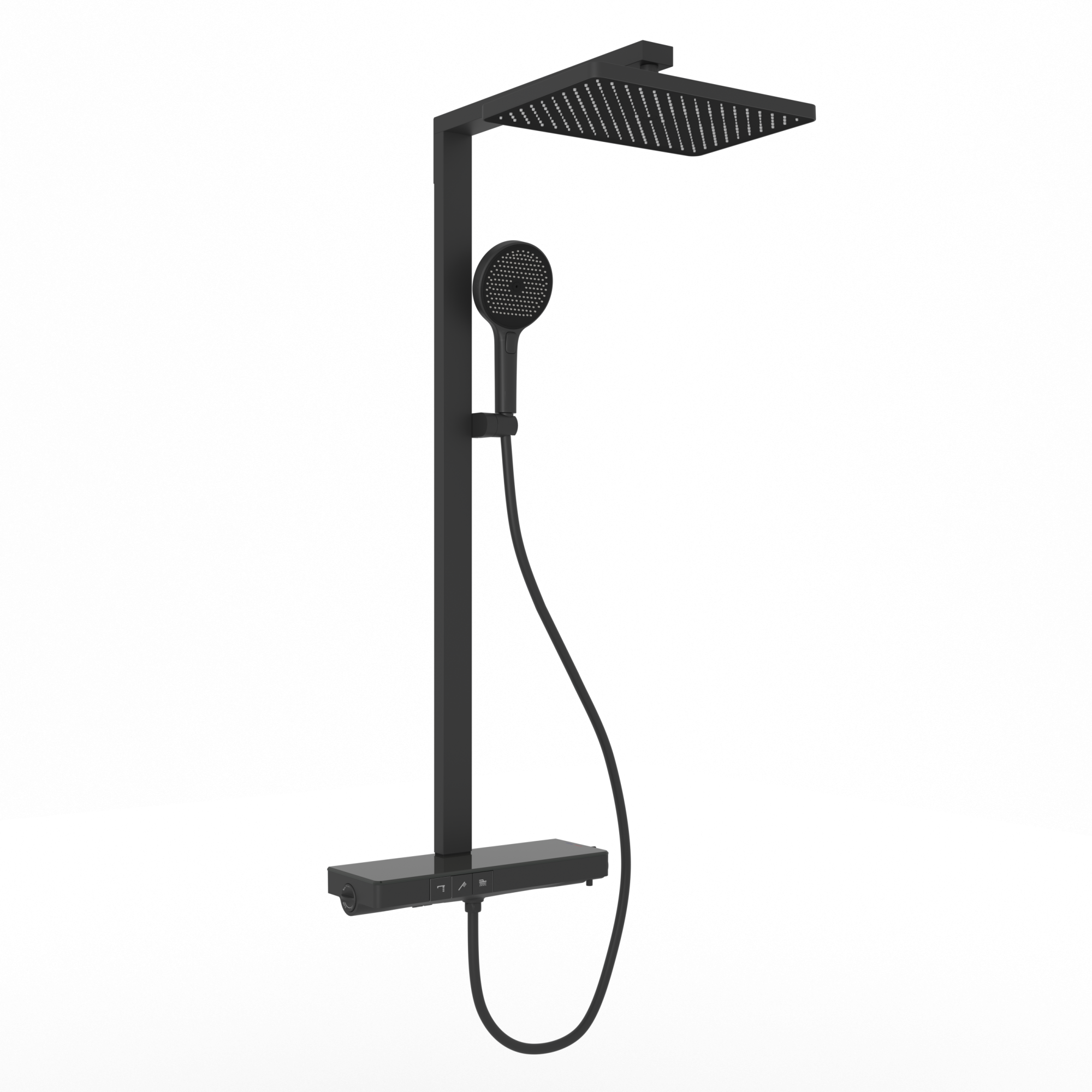 Душевая стойка sancos vos с термостатическим смесителем, изливом, полкой, шлангом 1,5 м, верхним и ручным душем, цвет черный матовый, арт. sc6100mb