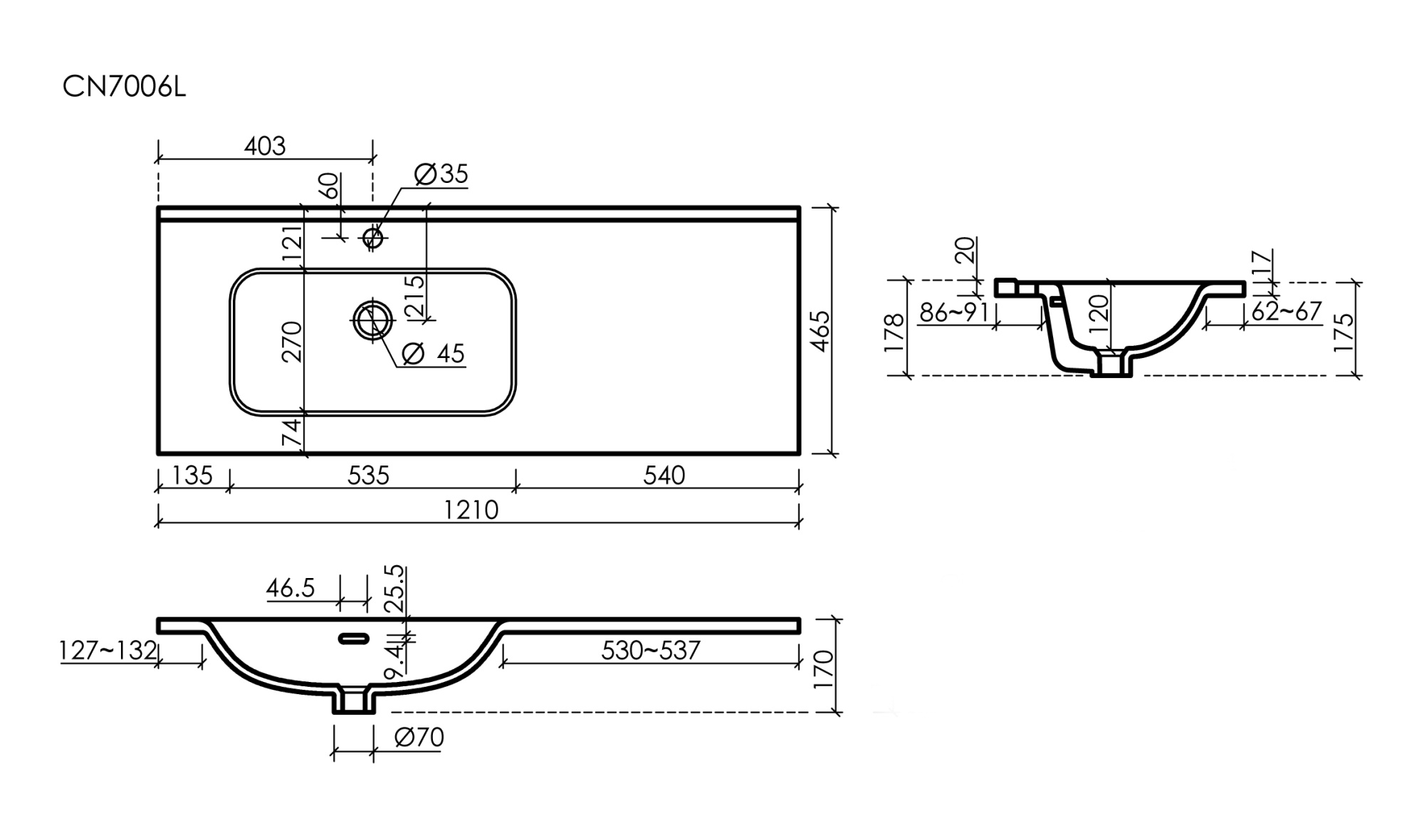 Раковина накладная мебельная element с отверстием под смеситель чаша слева 1210x465x180 мм цвет белый cn7006l