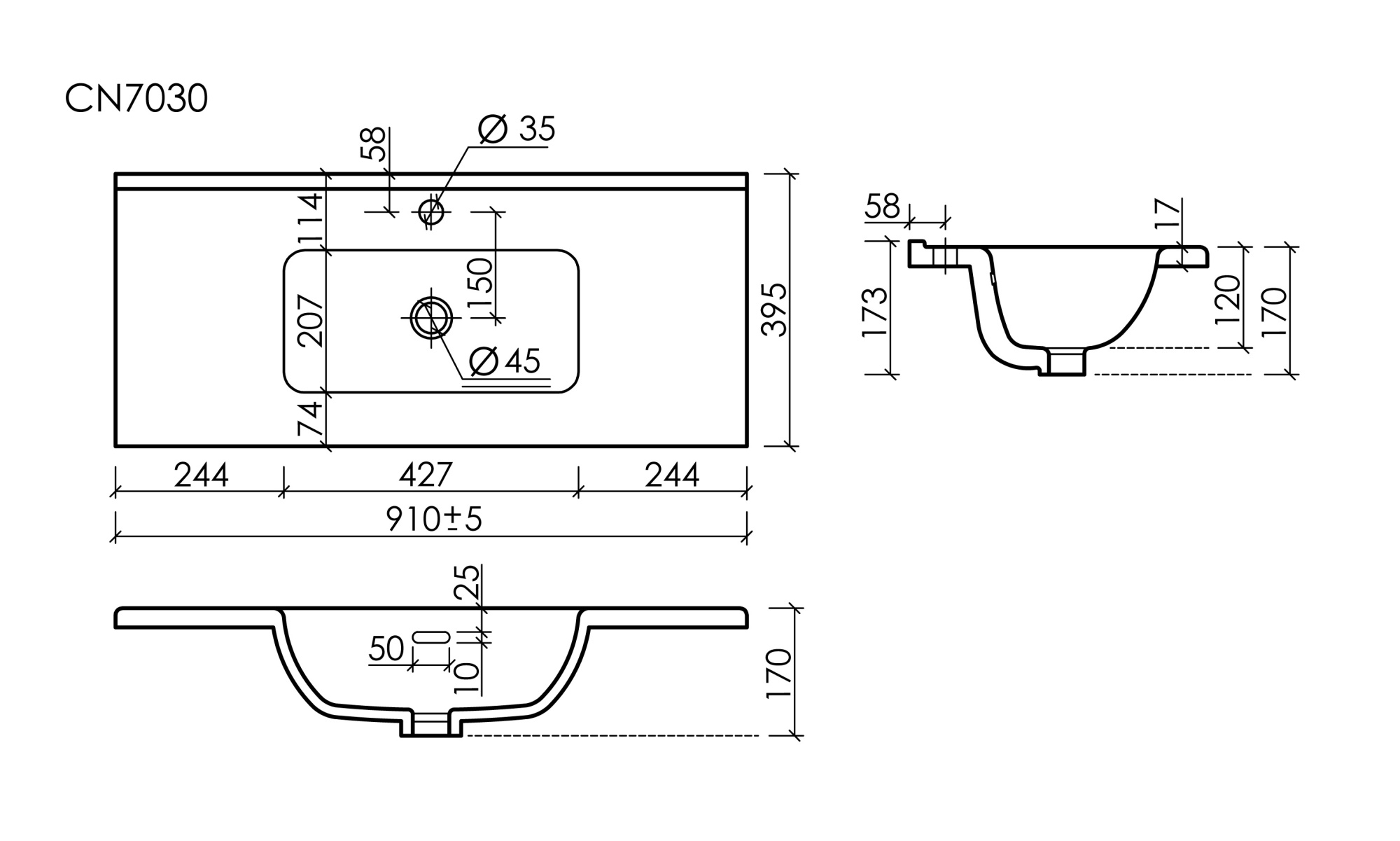 CN7030 Раковина мебельная накладная Compact 910x395x170, цвет белый