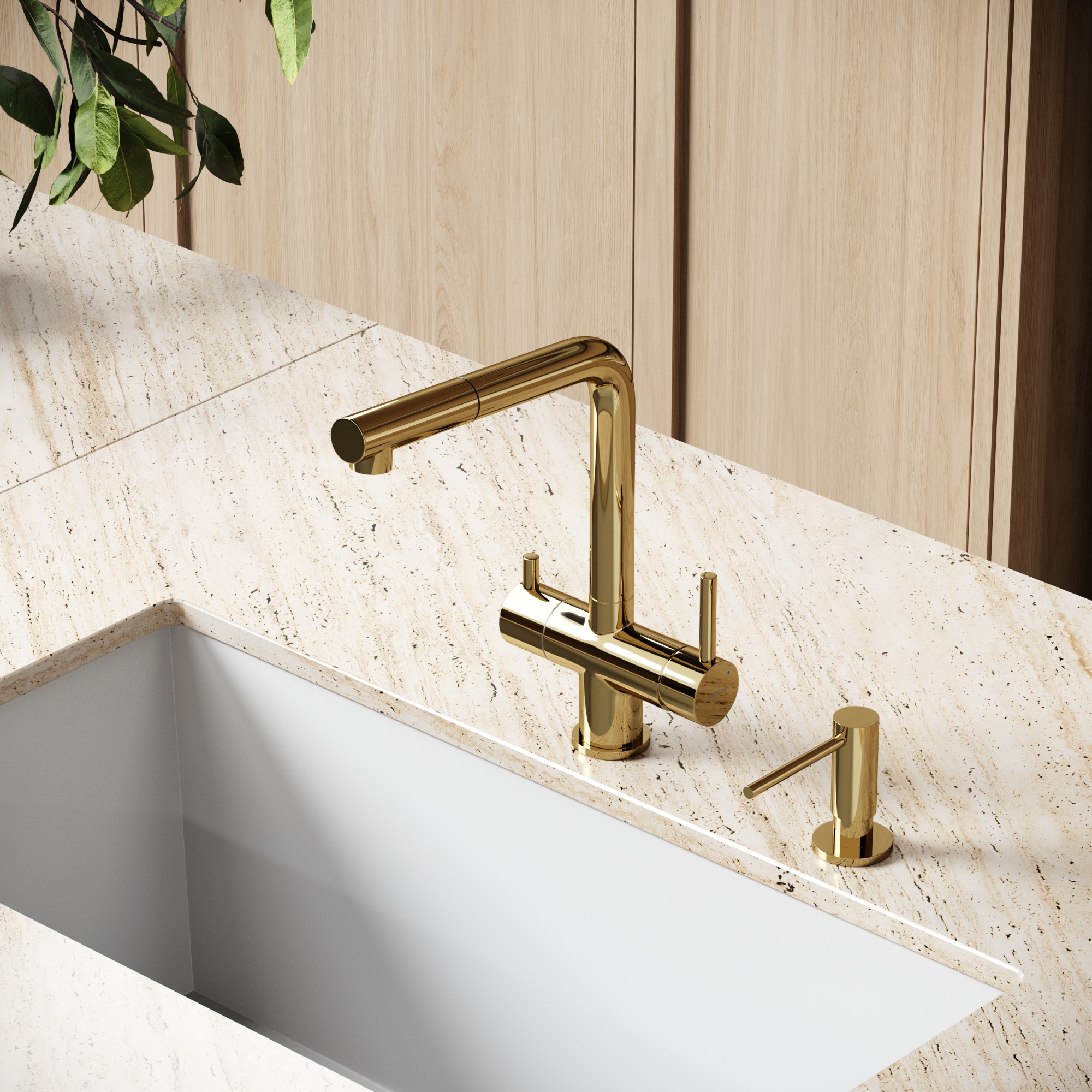 Смеситель для кухни SANCOS Spin с поворотным и вытяжным изливом, c краном для фильтрованной воды, цвет полированное золото, арт. SC4015ZG