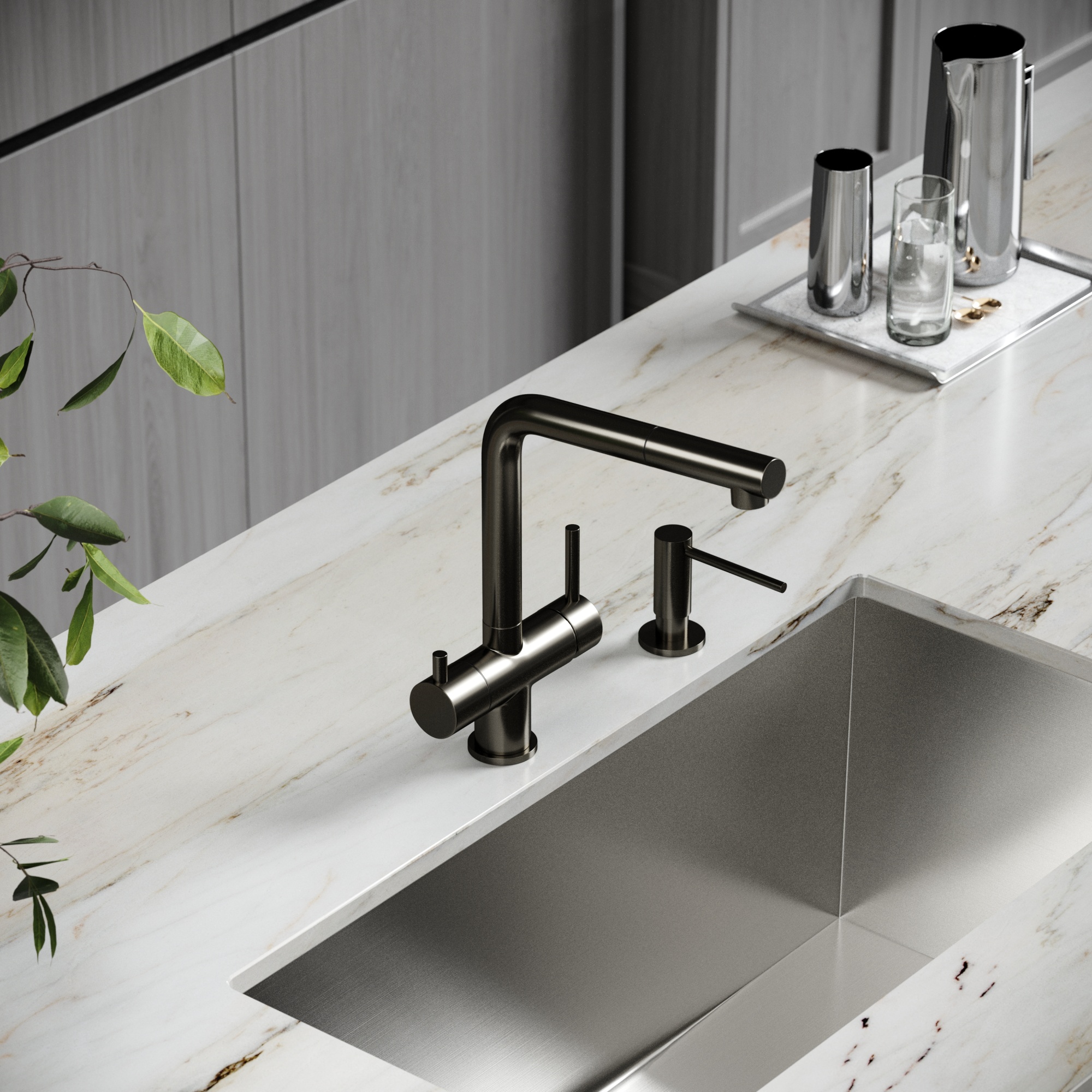 Смеситель для кухни SANCOS Spin с поворотным и вытяжным изливом, c краном для фильтрованной воды, цвет вороненая сталь, арт. SC4015GG