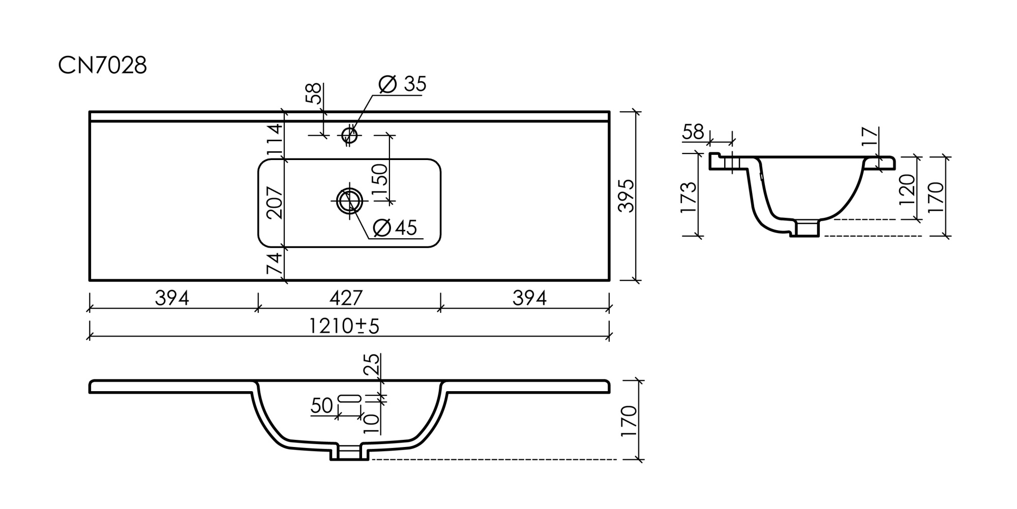 CN7028 Раковина мебельная накладная Compact 1210x395x170, цвет белый