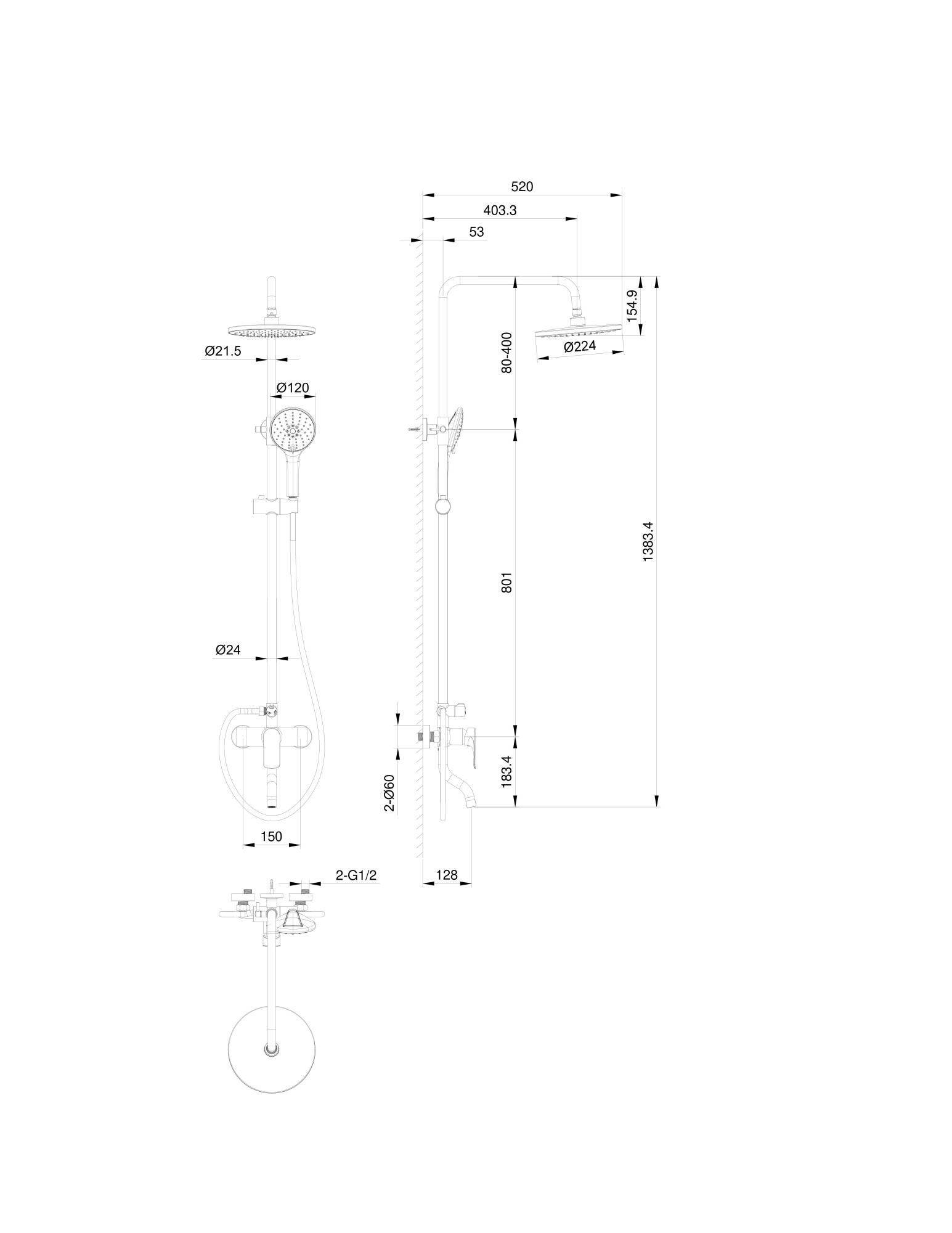 Душевая система wonzon & woghand line, брашированное золото (ww-ae3354-bg)