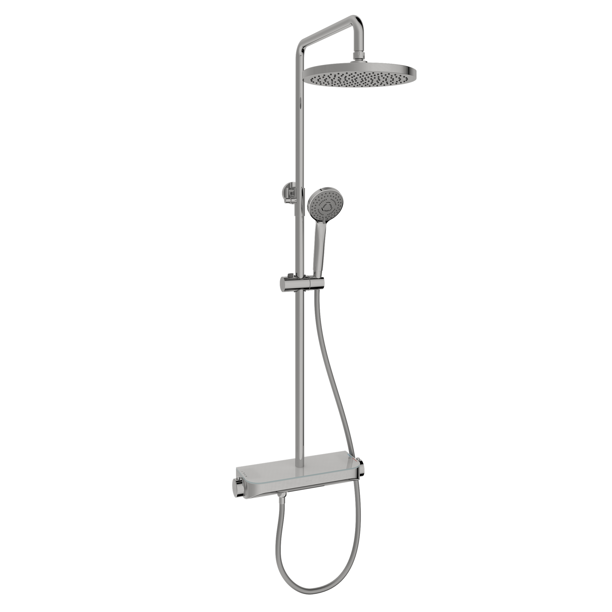 Душевая стойка Sancos Teo c термостатом, встроенным изливом,  полкой и с регулировкой по высоте штанги, цвет хром, арт. SC11002CH