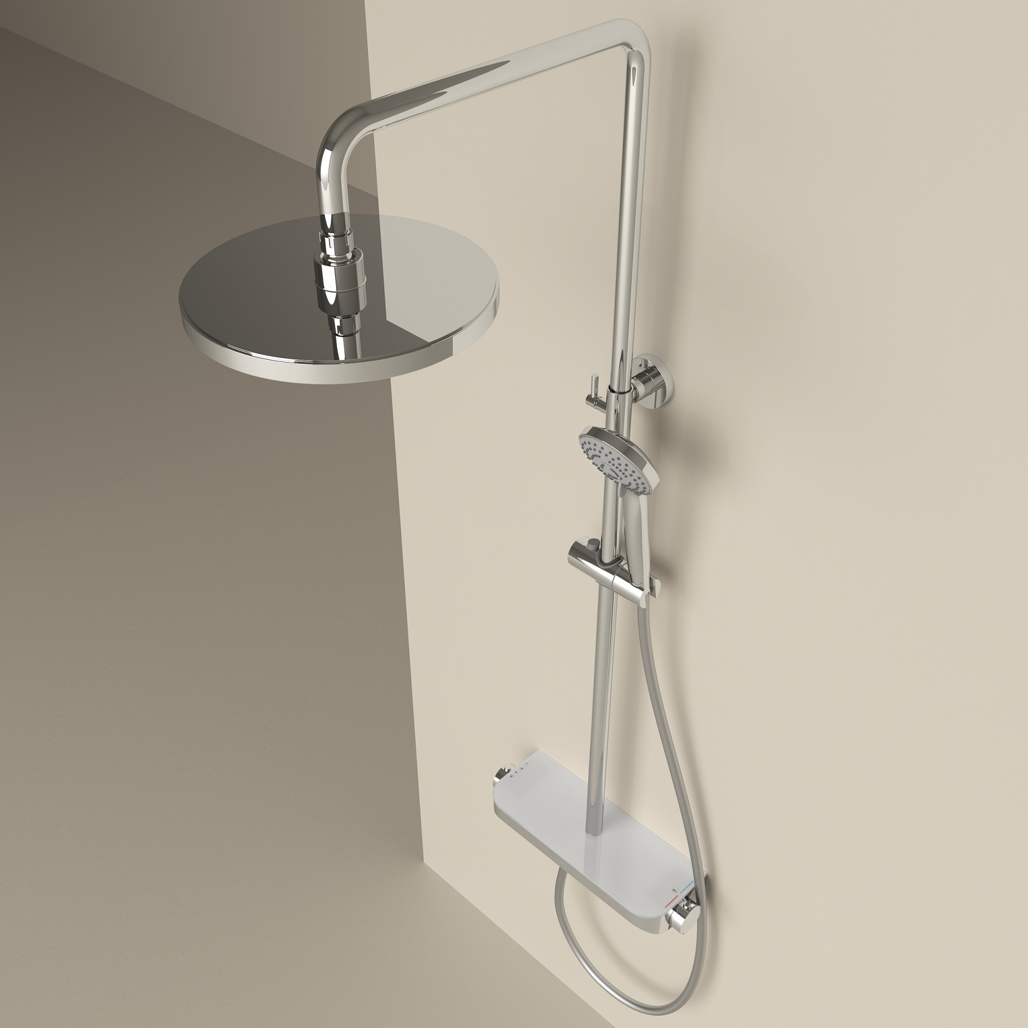 Душевая стойка Sancos Teo c термостатом, встроенным изливом,  полкой и с регулировкой по высоте штанги, цвет хром, арт. SC11002CH