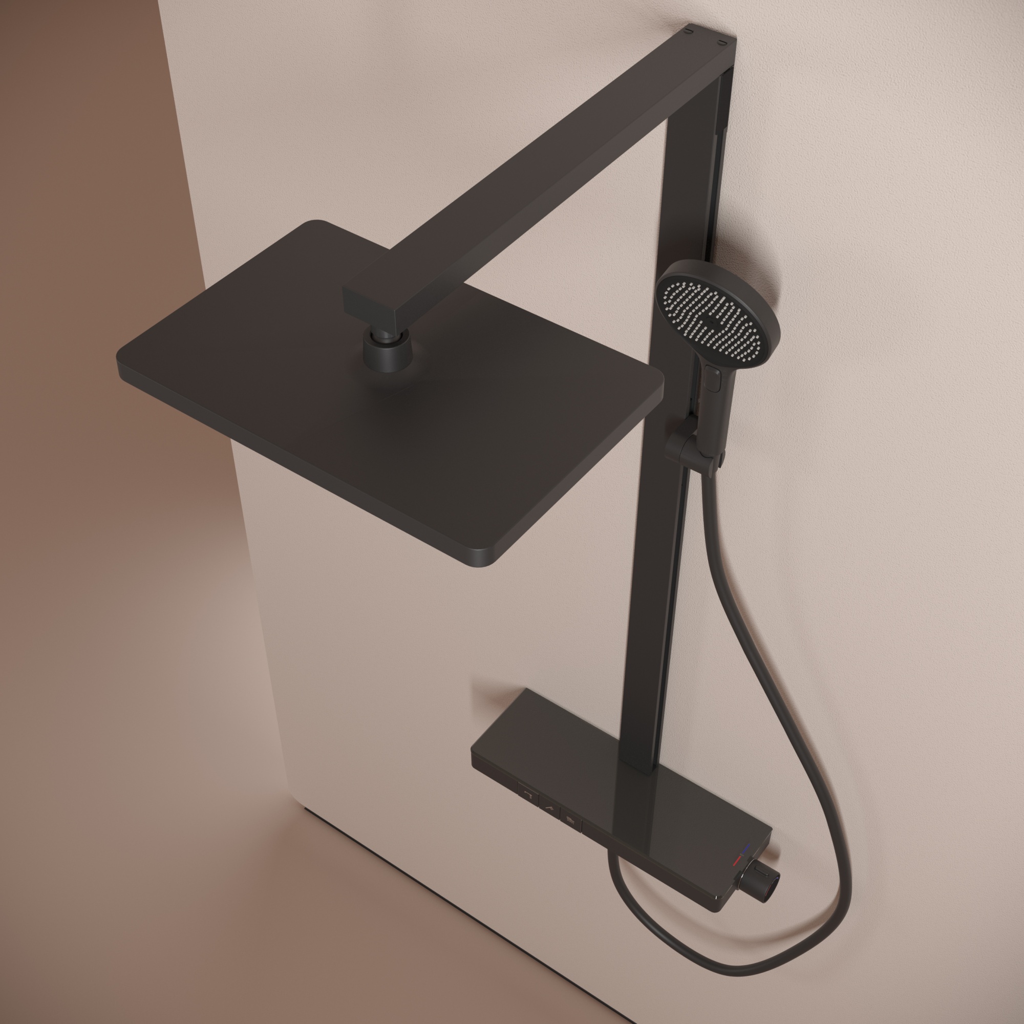 Душевая стойка sancos vos с термостатическим смесителем, изливом, полкой, шлангом 1,5 м, верхним и ручным душем, цвет черный матовый, арт. sc6100mb