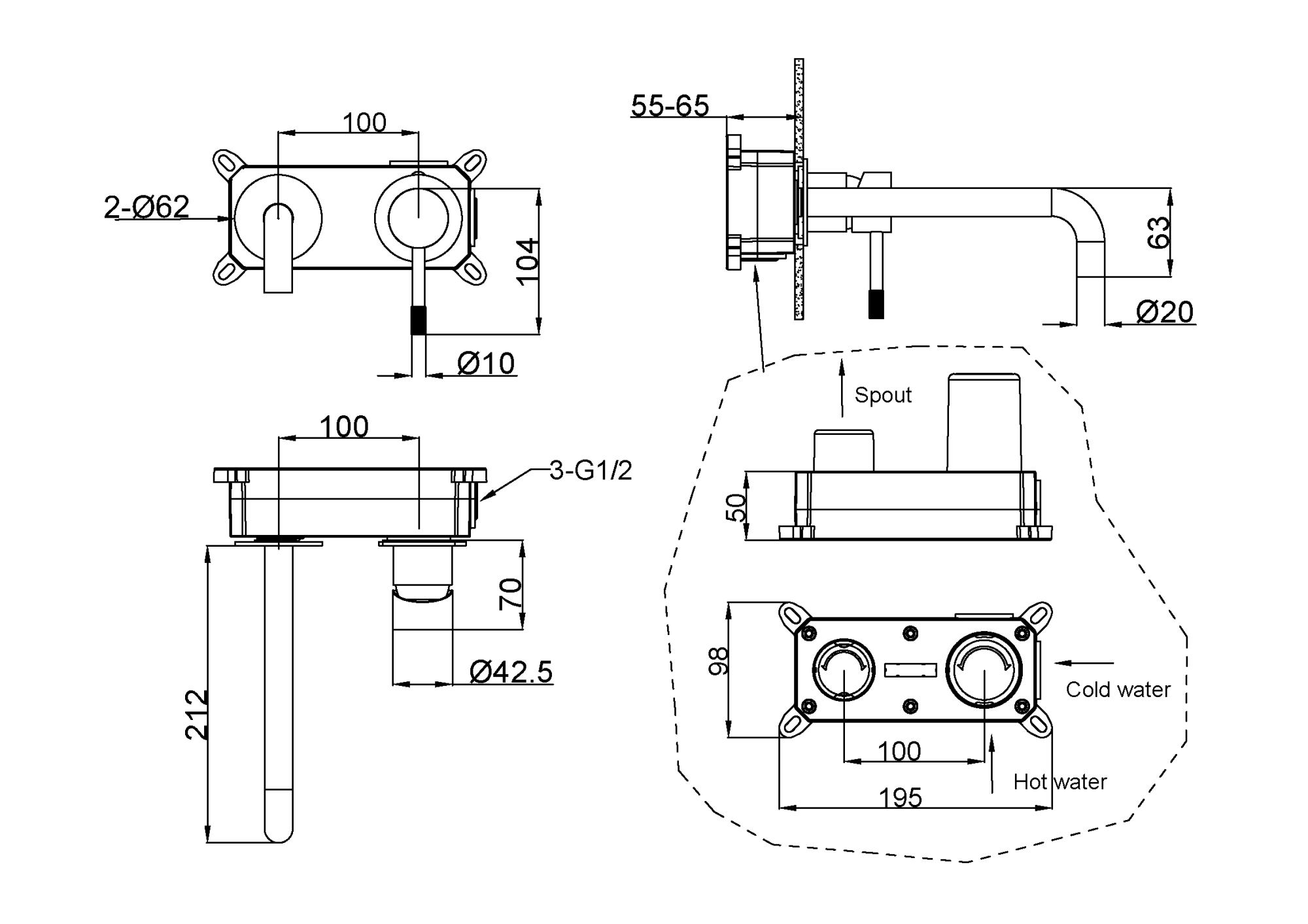 Смеситель для раковины настенный  boheme uno 465-bg черный/золото