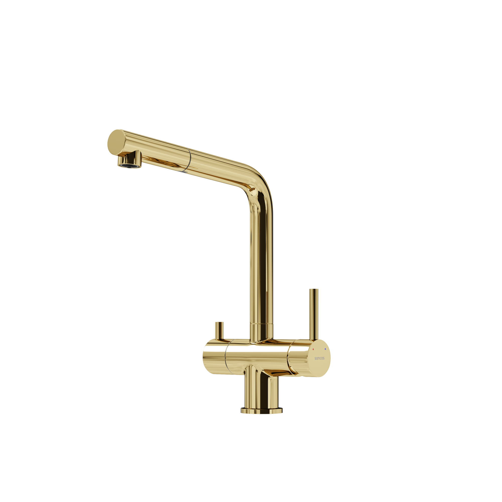 Смеситель для кухни SANCOS Spin с поворотным и вытяжным изливом, c краном для фильтрованной воды, цвет полированное золото, арт. SC4015ZG