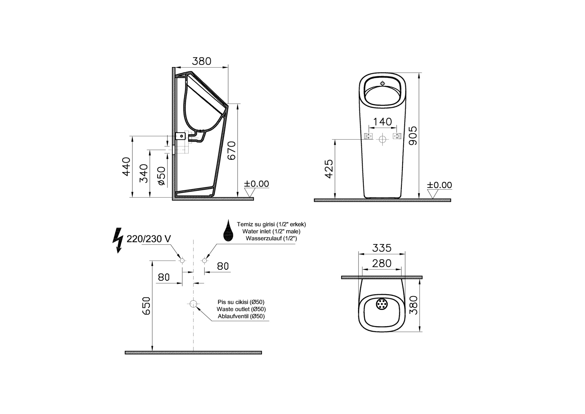 Писсуар-моноблок с встроенным смывным механизмом, питание от сети, цвет белый Писсуар-моноблок с встроенным смывным механизмом, питание от сети, цвет белый