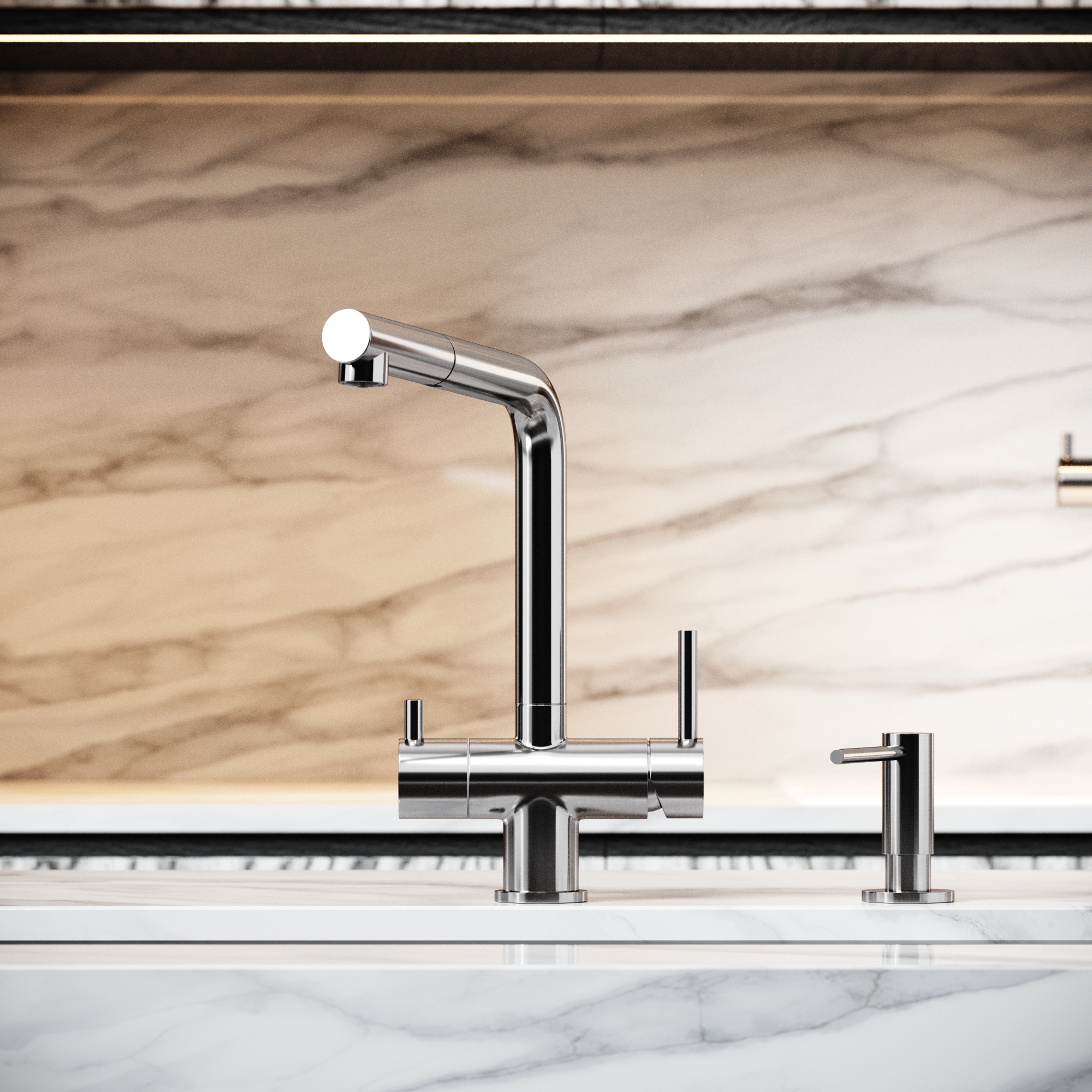 Смеситель для кухни SANCOS Spin с поворотным и вытяжным изливом, c краном для фильтрованной воды, цвет брашированный никель, арт. SC4015BN