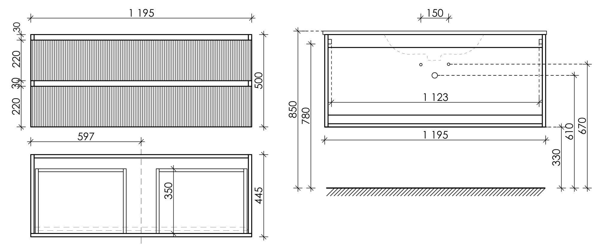 Тумба подвесная sancos snob t 1195х445х500, c двумя ящиками оснащенными доводчиками, bianco, арт.snt120w
