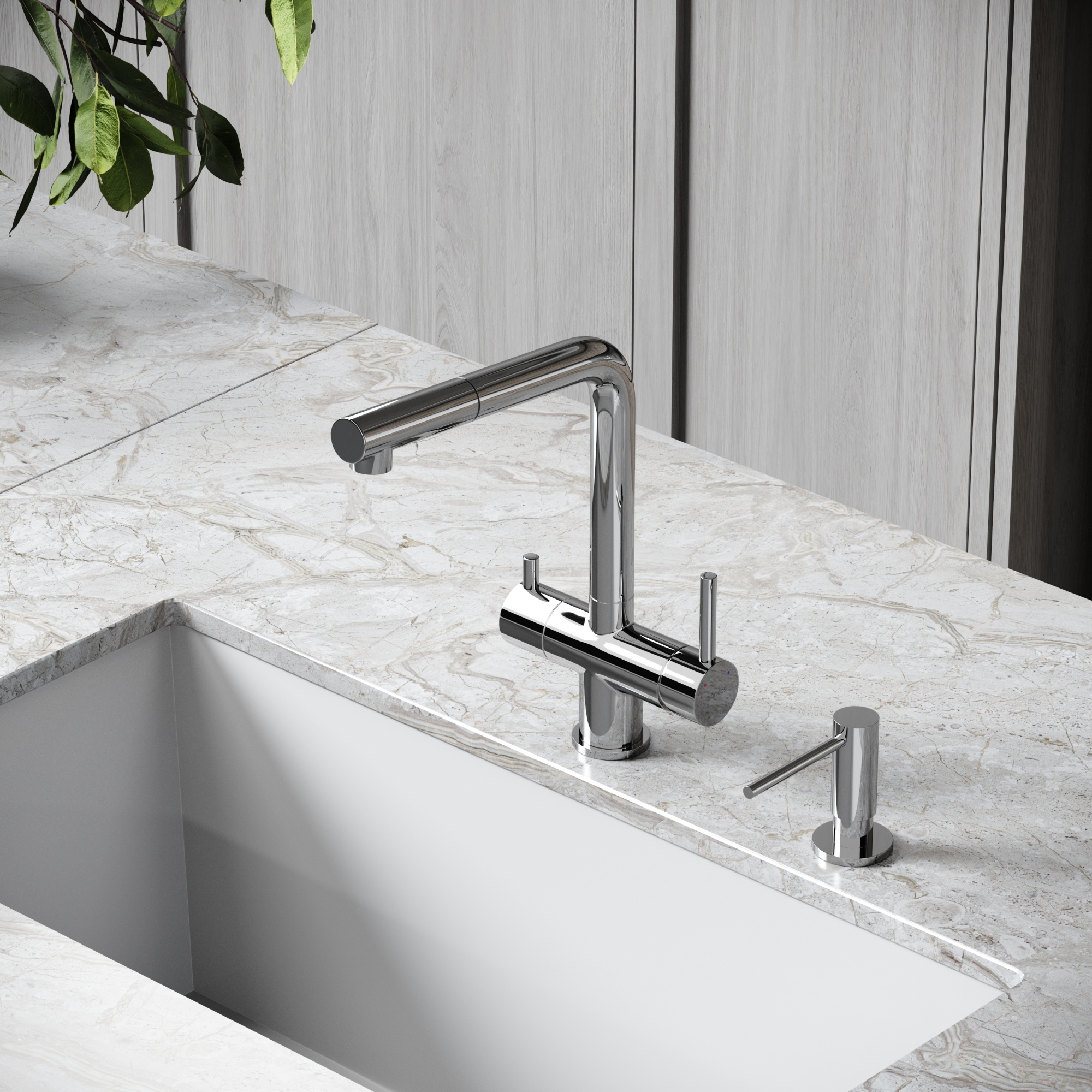 Смеситель для кухни SANCOS Spin с поворотным и вытяжным изливом, c краном для фильтрованной воды, цвет хром, арт. SC4015CH