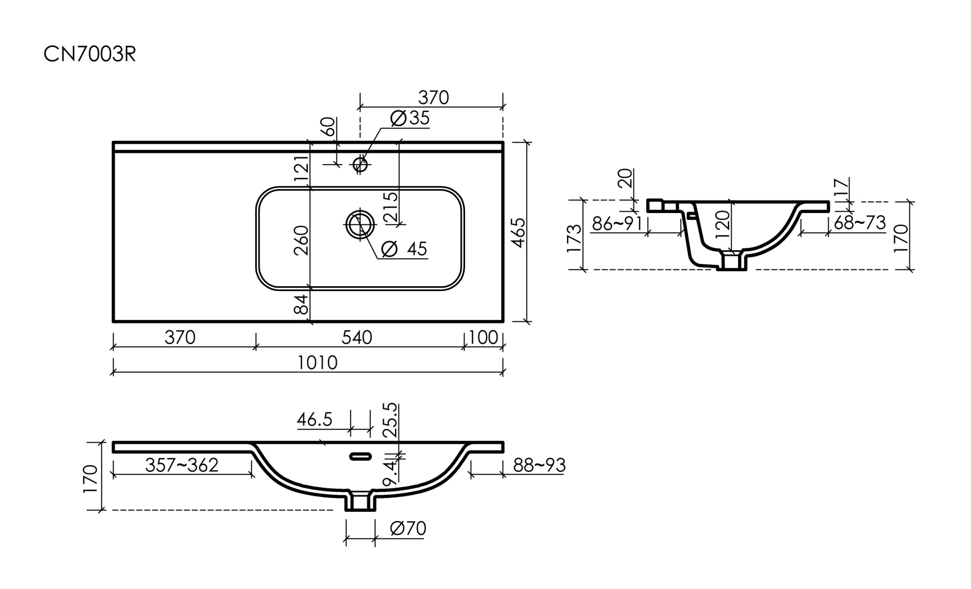 Раковина накладная мебельная element чаша справа с отверстием под смеситель 1010x465x180 мм цвет белый cn7003r