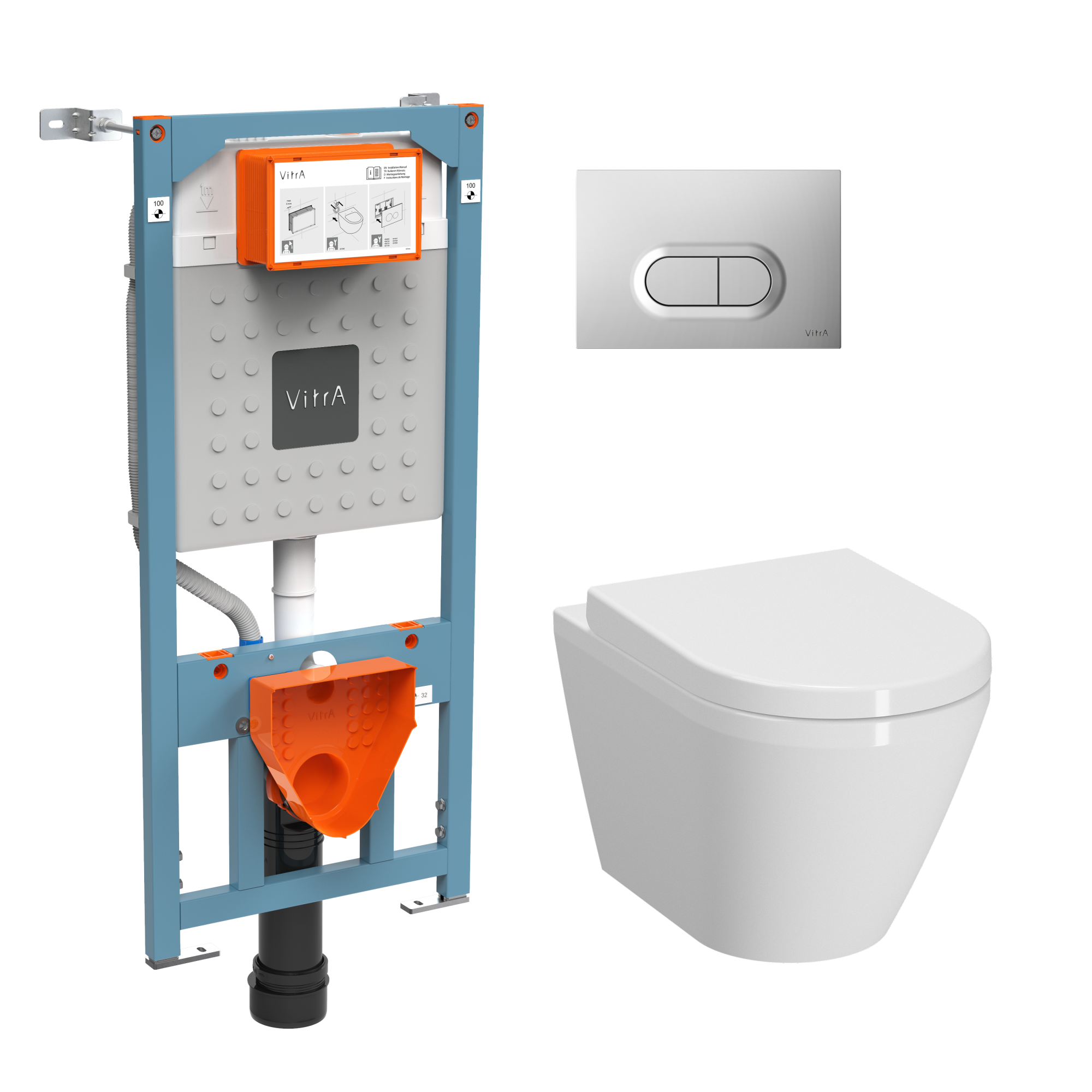 Безободковый унитаз vitra integra round l-box с толстой дюропластовой крышкой микролифт, кнопка матовый хром