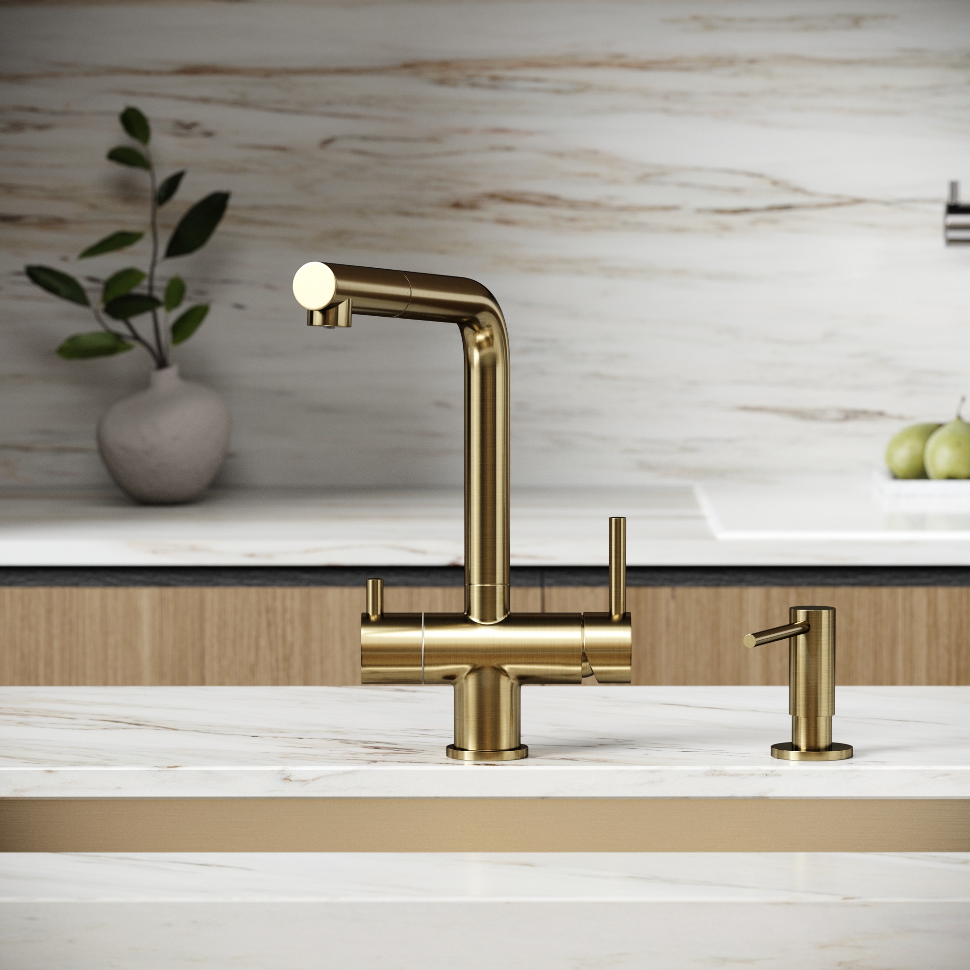 Смеситель для кухни SANCOS Spin с поворотным и вытяжным изливом, c краном для фильтрованной воды, цвет брашированное золото, арт. SC4015BG