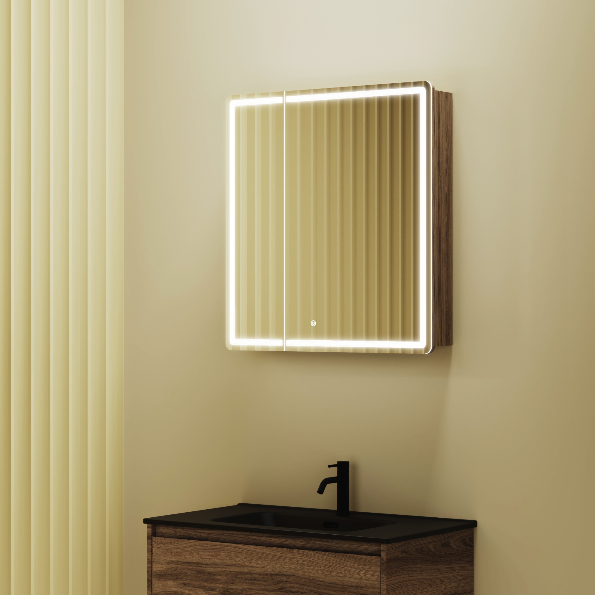 Зеркальный шкаф для ванной комнаты sancos mirror 690x150х740 мм, с led подсветкой, цвет дуб чарльстон, с розеткой, арт. mi70ech