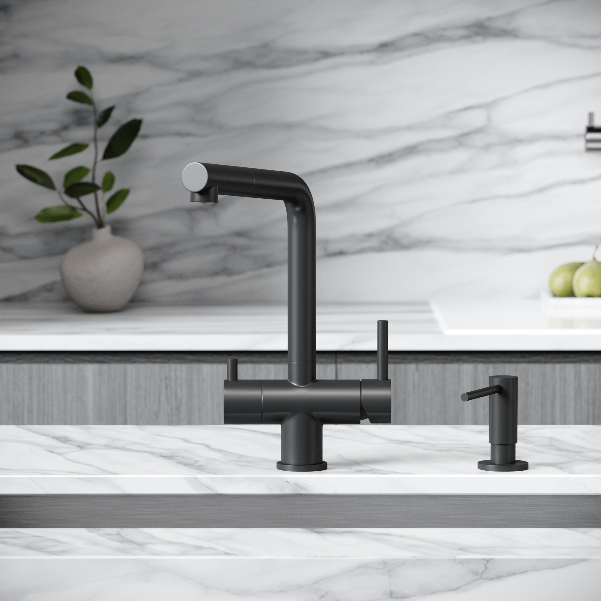 Смеситель для кухни SANCOS Spin с поворотным и вытяжным изливом, c краном для фильтрованной воды, цвет черный матовый, арт. SC4015MB