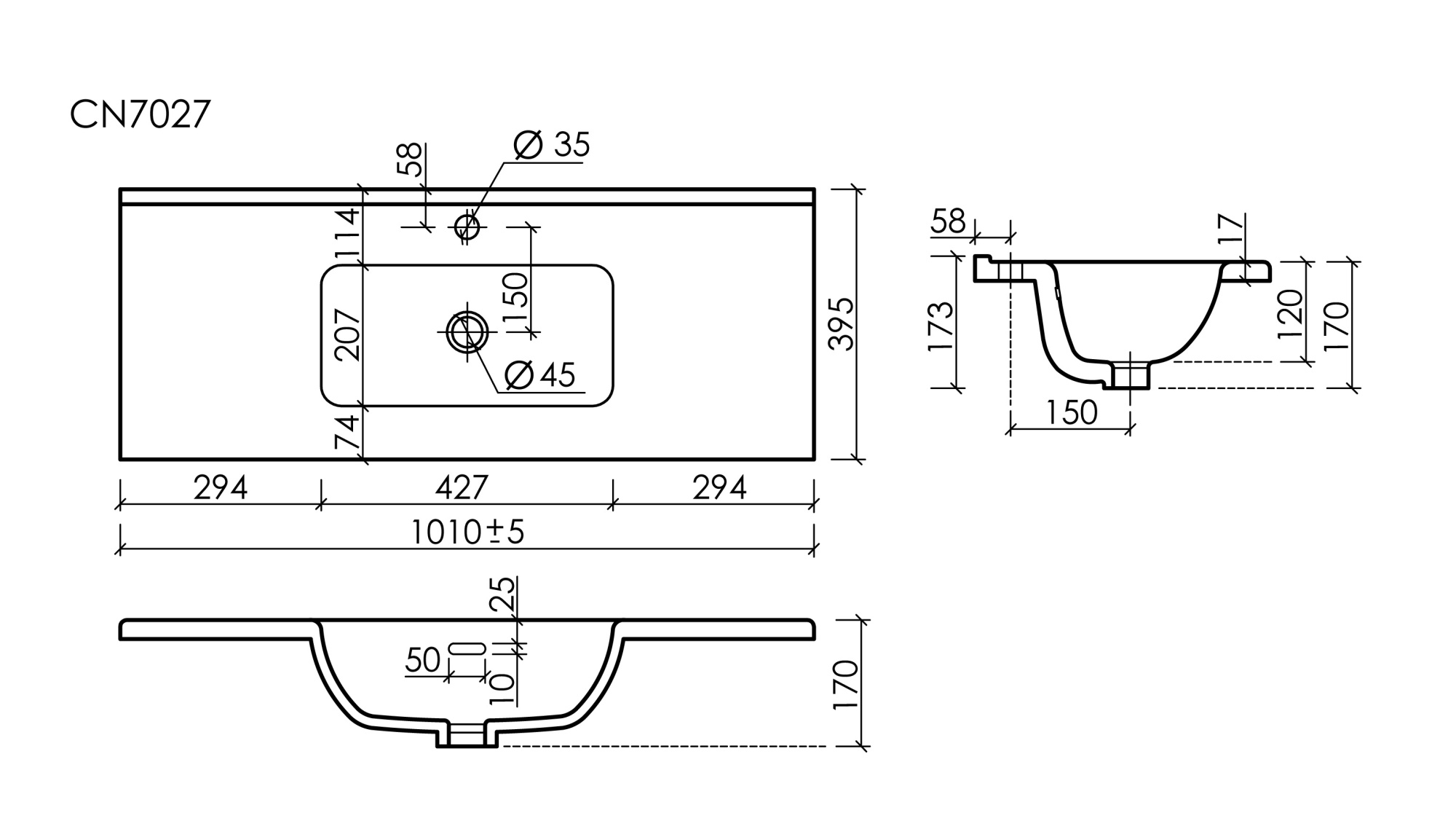 CN7027 Раковина мебельная накладная Compact 1010x395x175, цвет белый