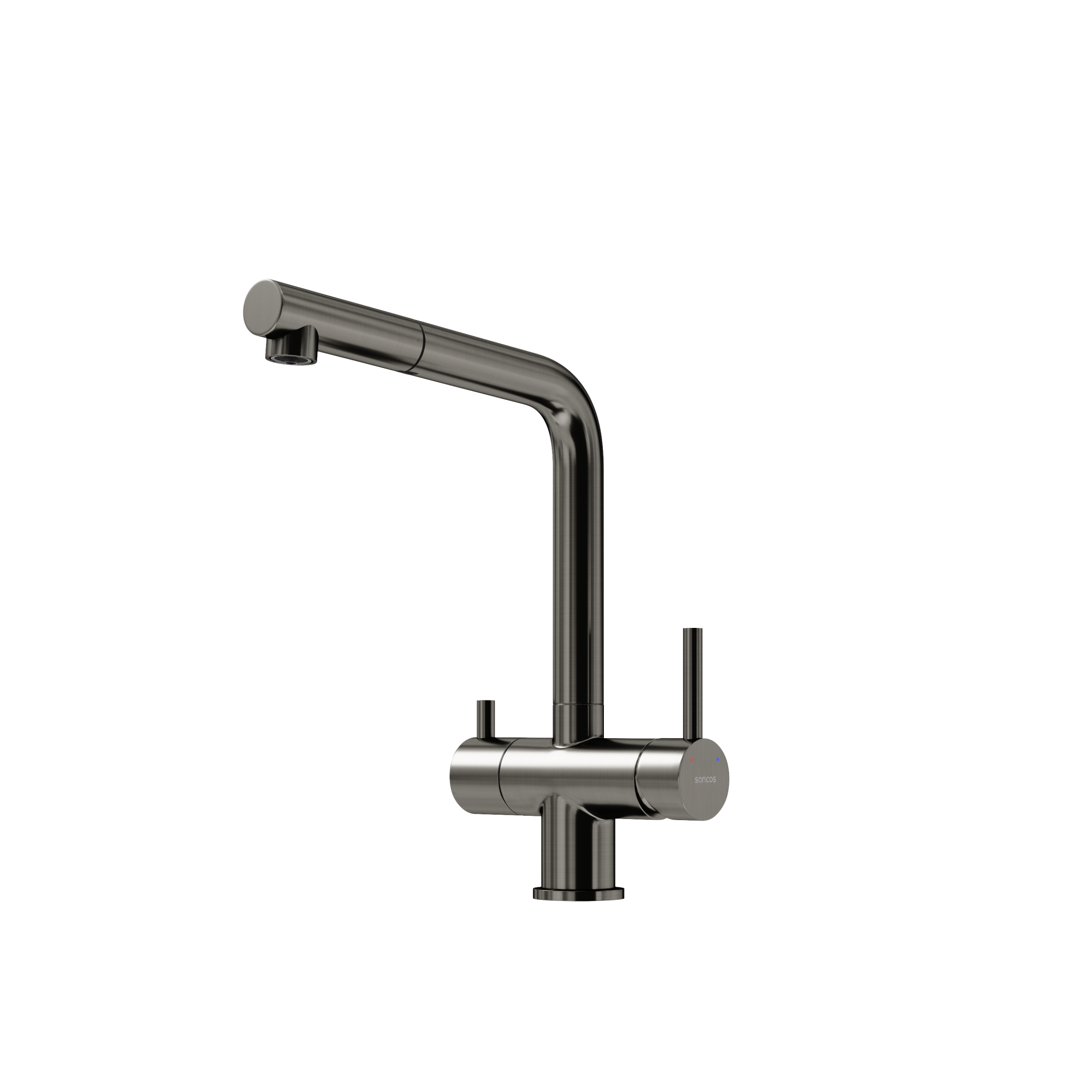 Смеситель для кухни SANCOS Spin с поворотным и вытяжным изливом, c краном для фильтрованной воды, цвет вороненая сталь, арт. SC4015GG