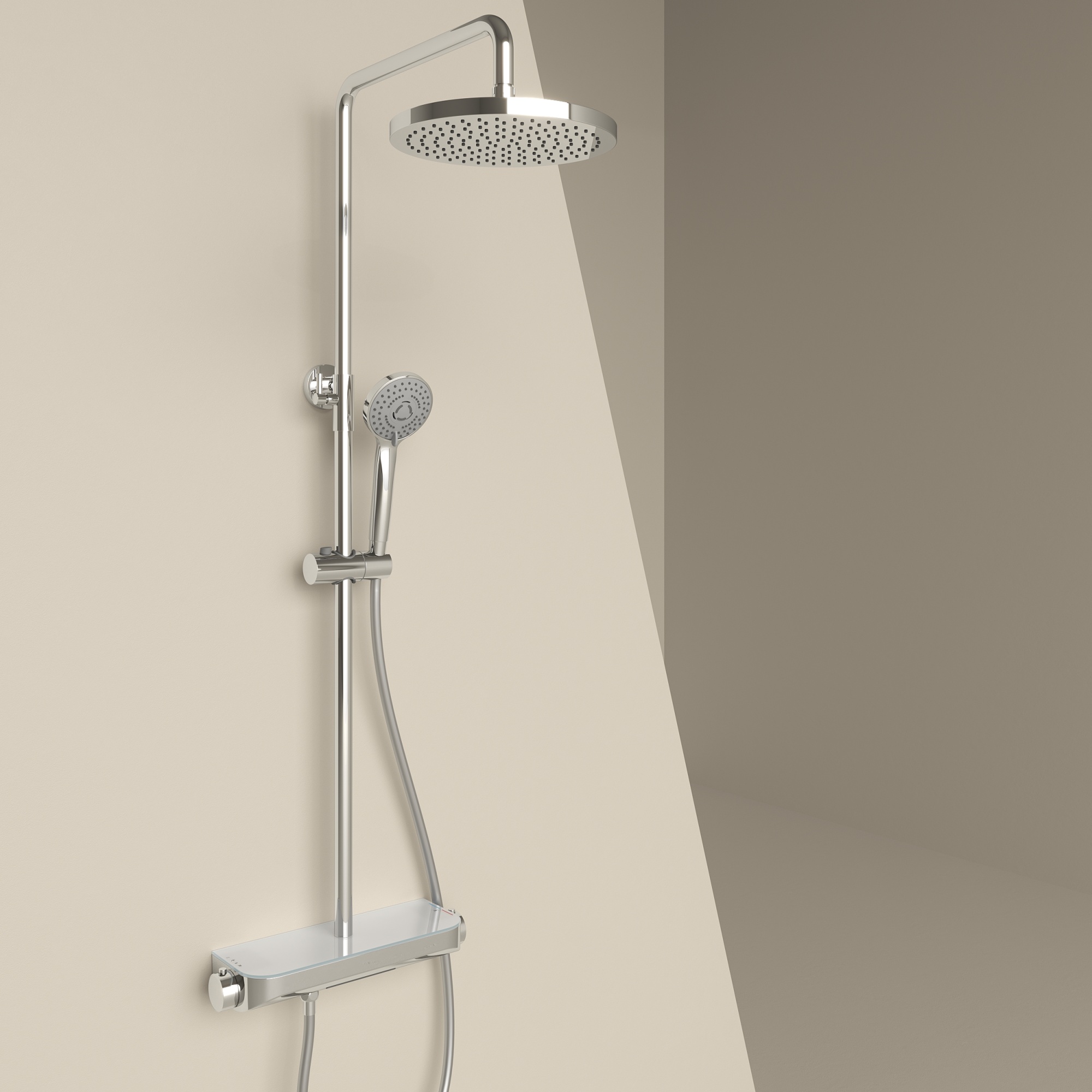 Душевая стойка Sancos Teo c термостатом, встроенным изливом,  полкой и с регулировкой по высоте штанги, цвет хром, арт. SC11002CH