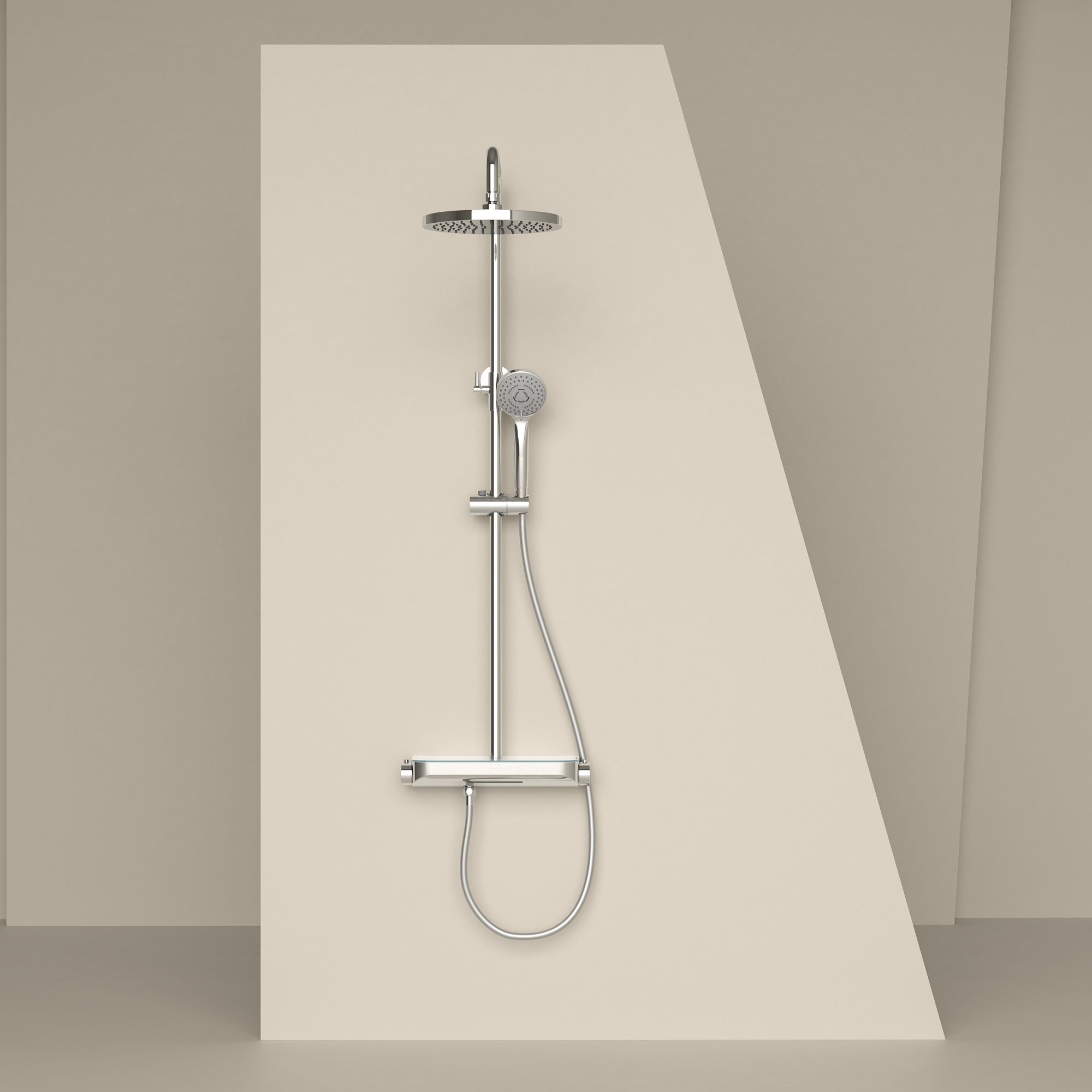 Душевая стойка Sancos Teo c термостатом, встроенным изливом,  полкой и с регулировкой по высоте штанги, цвет хром, арт. SC11002CH