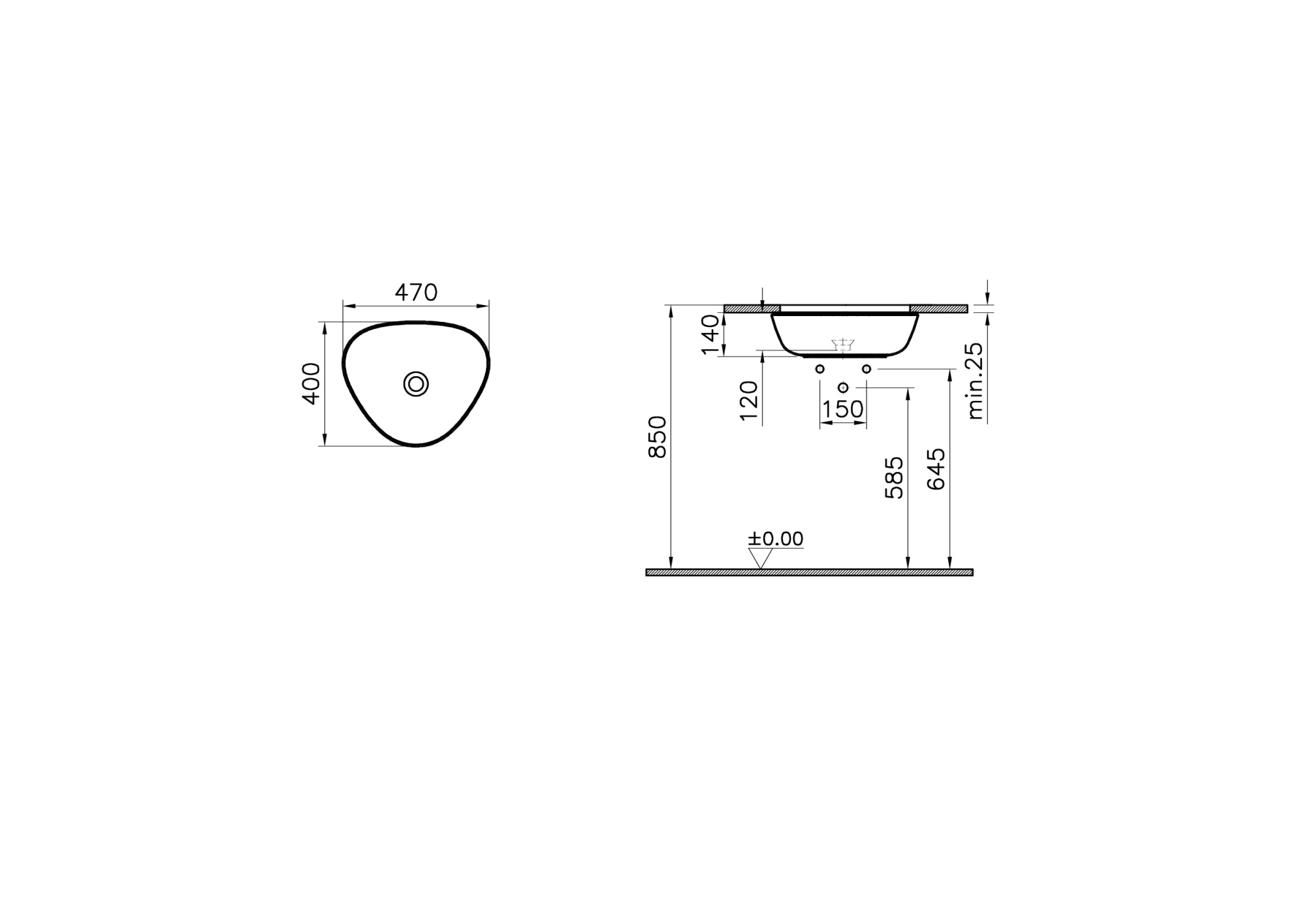 Встраиваемая низкая чаша plural без переливного отверстия и без отверстия под смеситель, треугольная, 47 см, цвет белый матовый